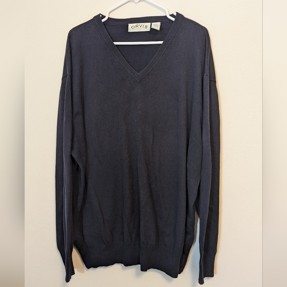 Orvis Men's Cotton Cashmere Navy Blue V-Neck Long Sleeve Pullover Sweater, XL